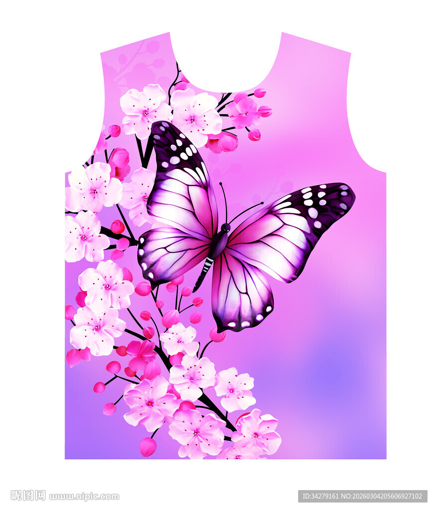 粉蝶繁花图案无袖上衣