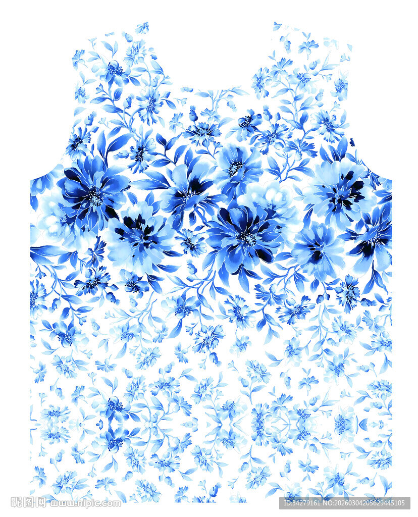 蓝白花卉图案无袖上衣