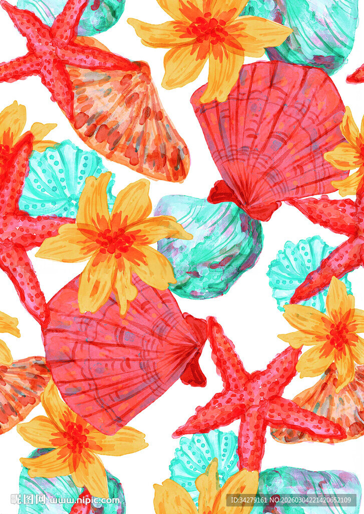 夏日海洋风多彩贝壳花朵图案