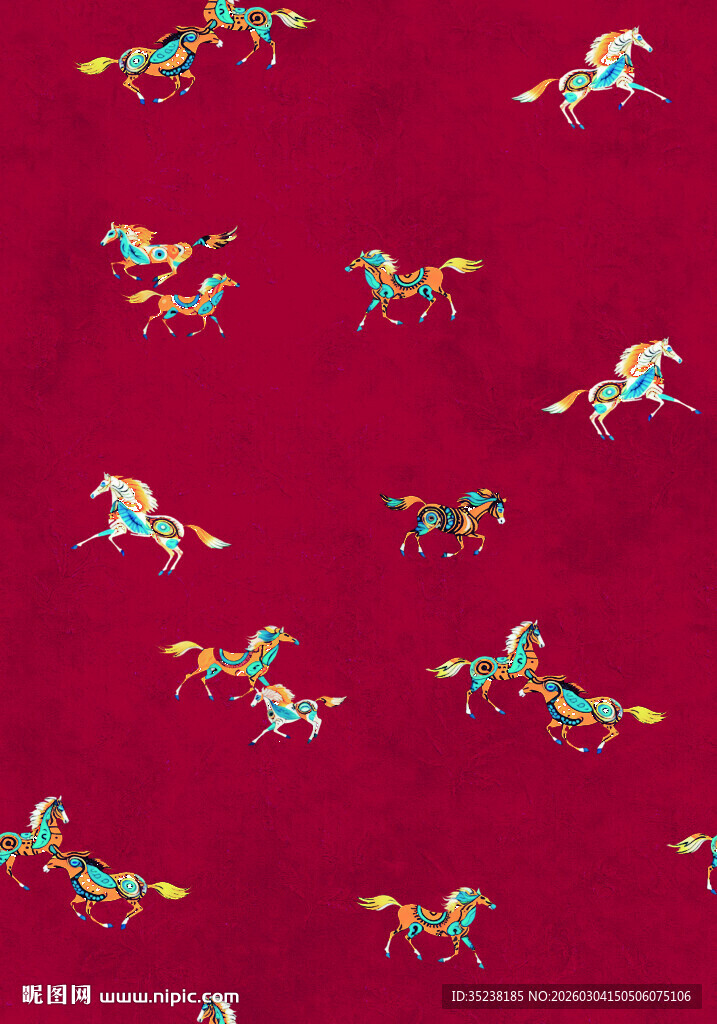 红色底多彩骏马图案