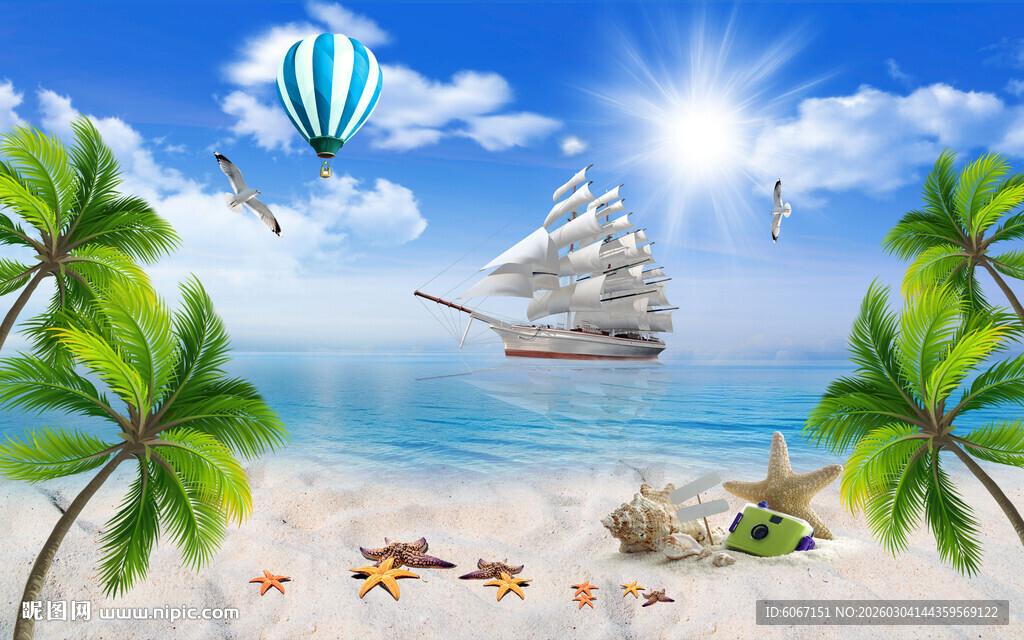 蓝天大海沙滩椰树背景图