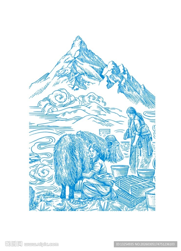 雪山下的牧民与牦牛场景