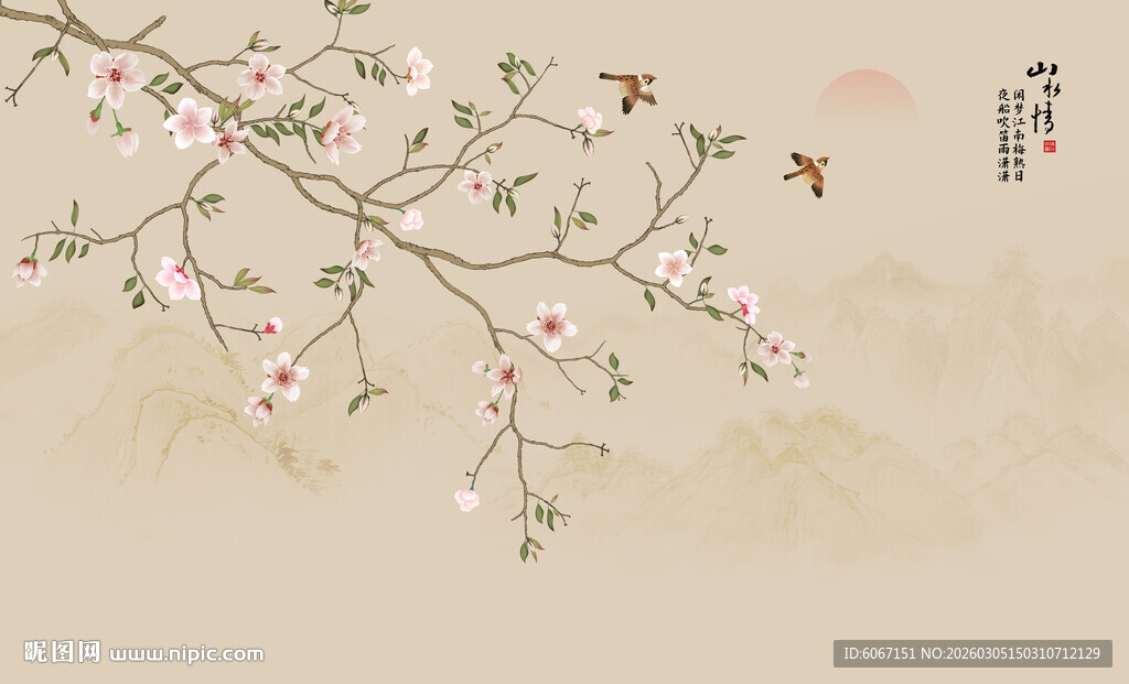 新中式工笔花鸟画背景墙