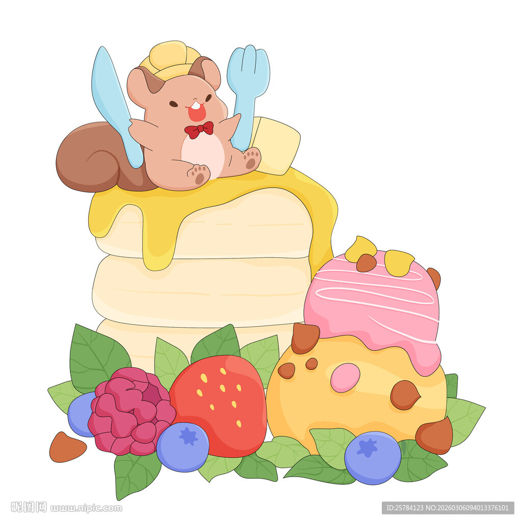 草莓蓝莓冰淇淋蛋糕饮品店插画