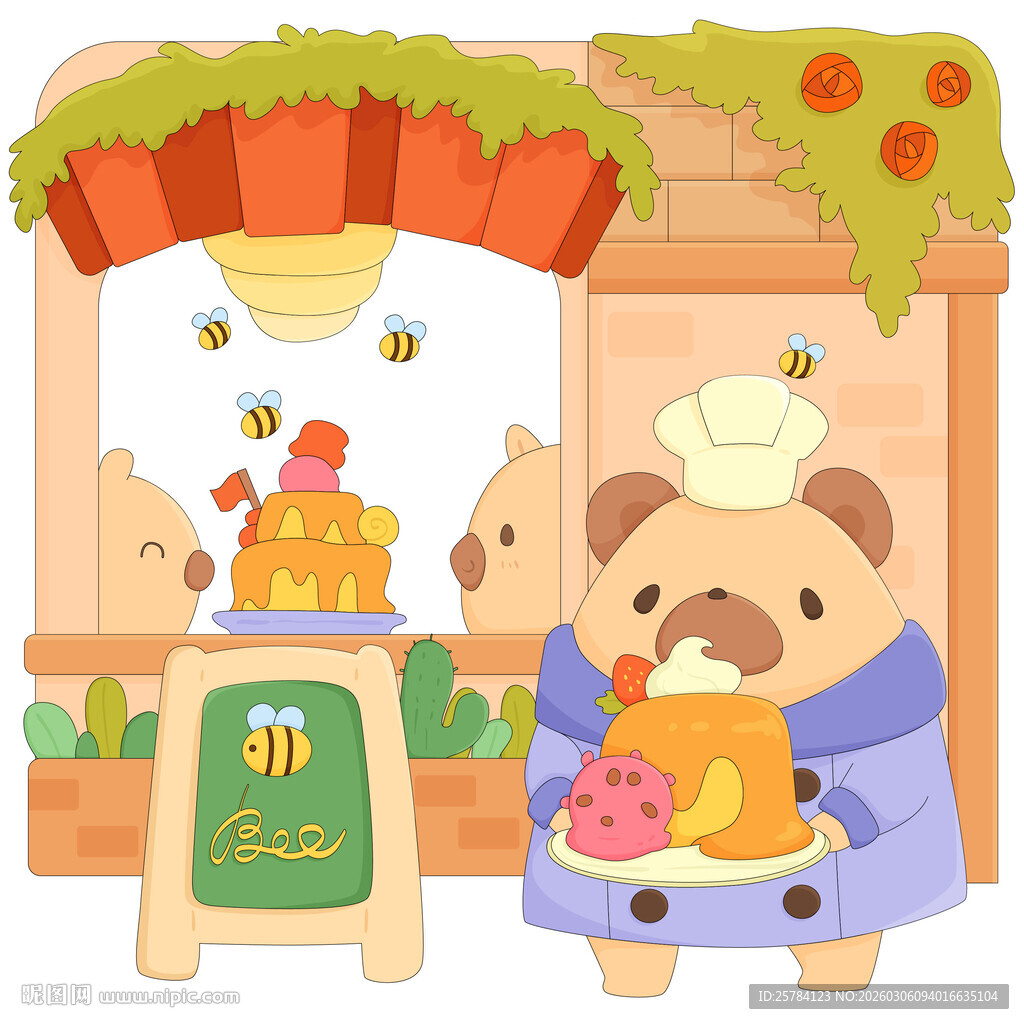 小熊厨师小蜜蜂蛋糕店美食插画
