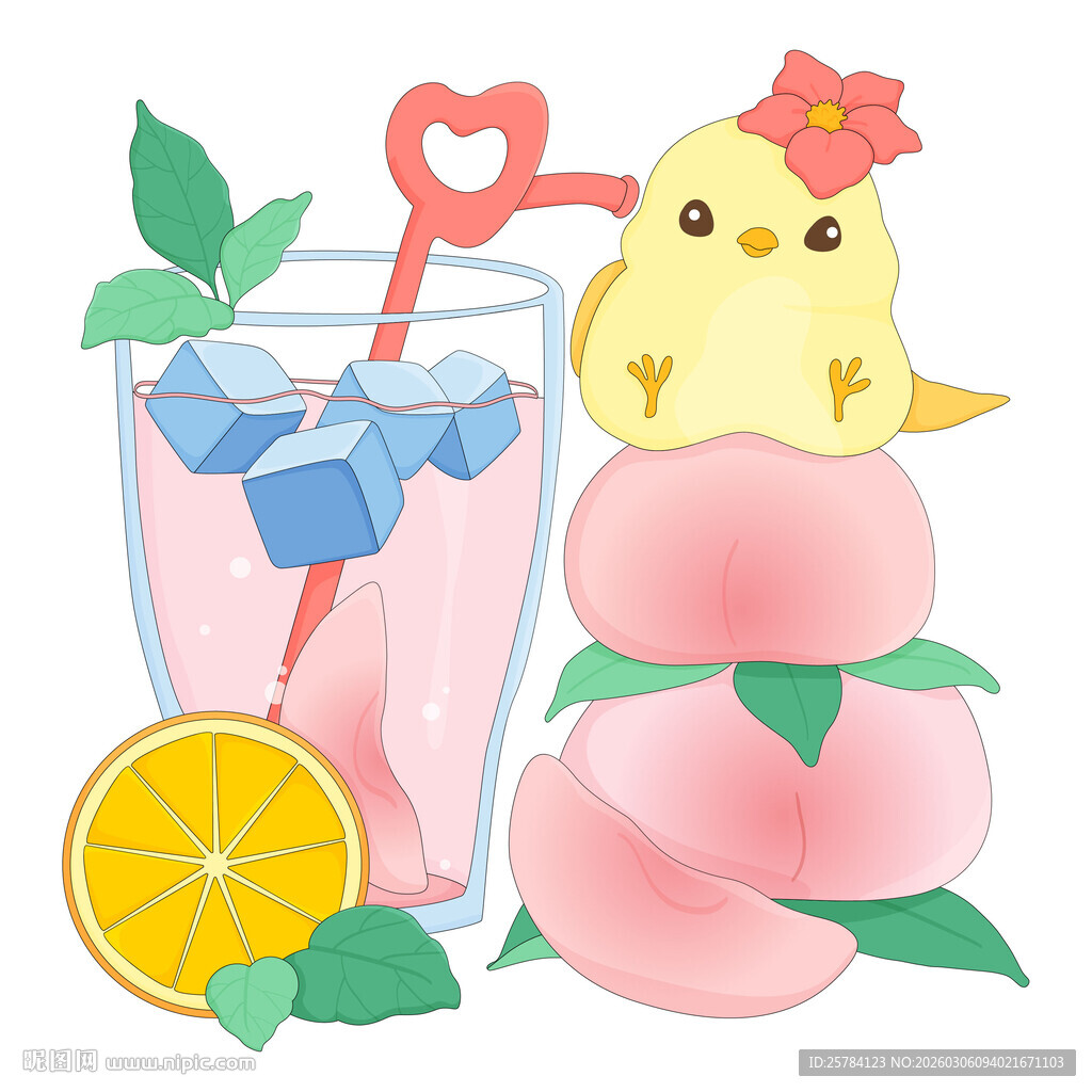 水蜜桃柠檬果汁饮品店美食插画