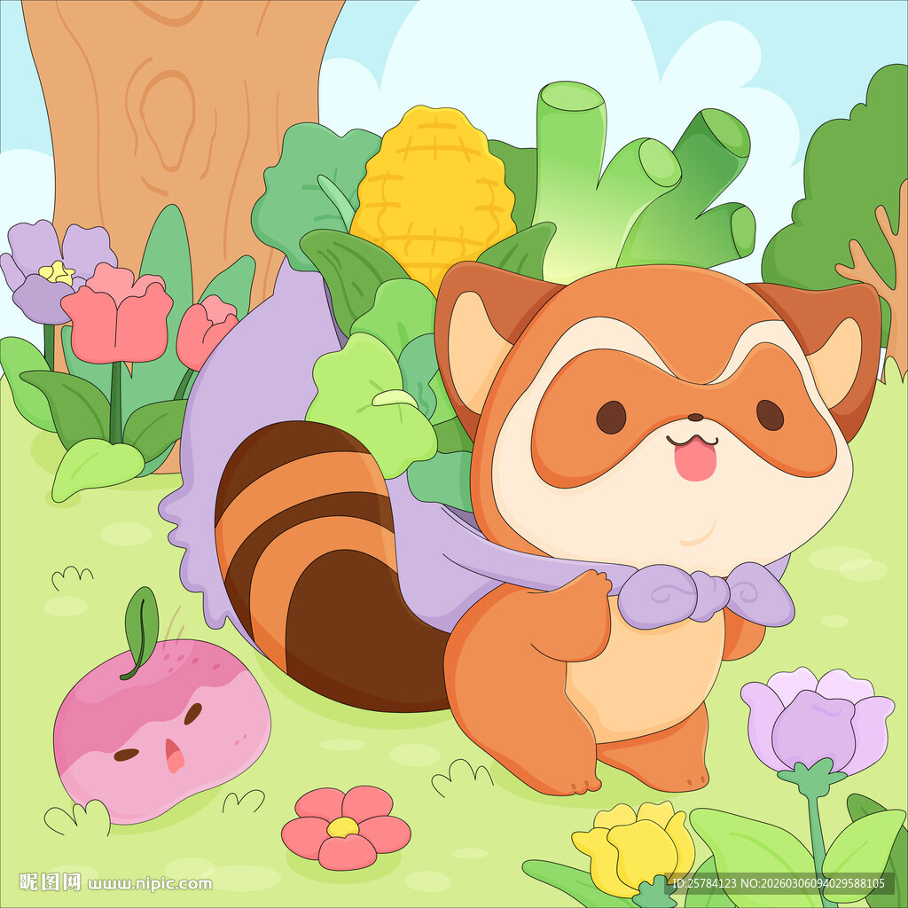 小浣熊蔬菜玉米大葱萝卜美食插画