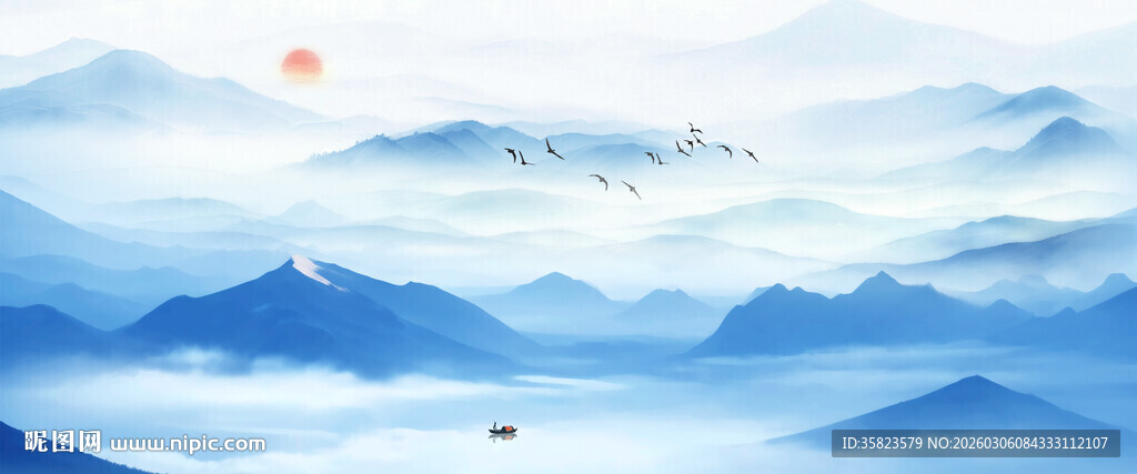 蓝色水墨山水画