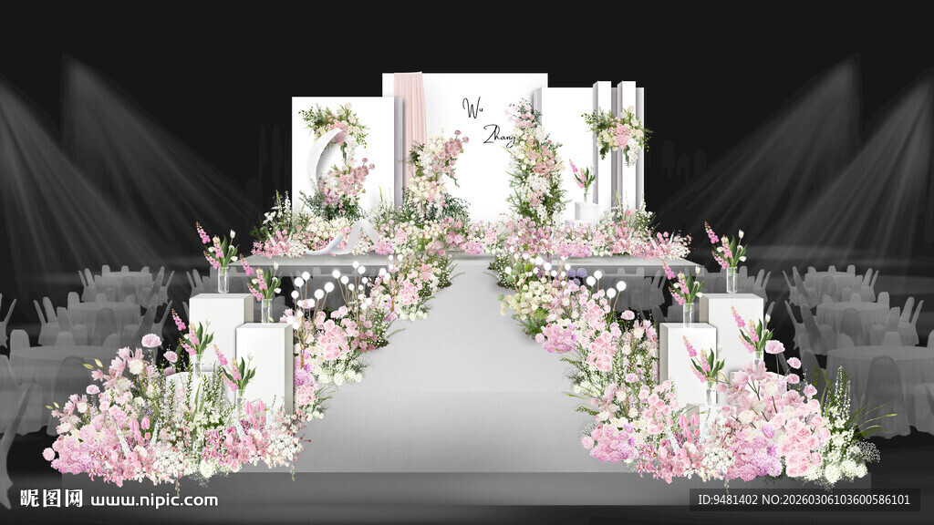 白色粉色婚礼花艺舞台效果图
