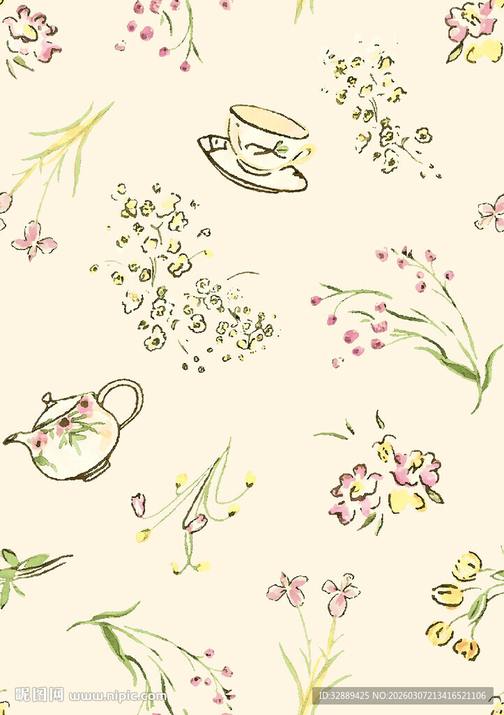 手绘花卉茶具图案背景