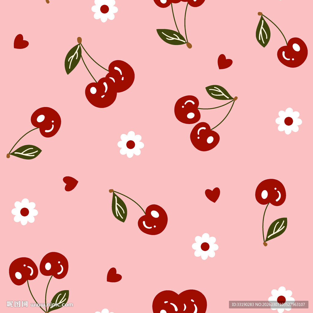 樱桃花卉粉色可爱无缝图案