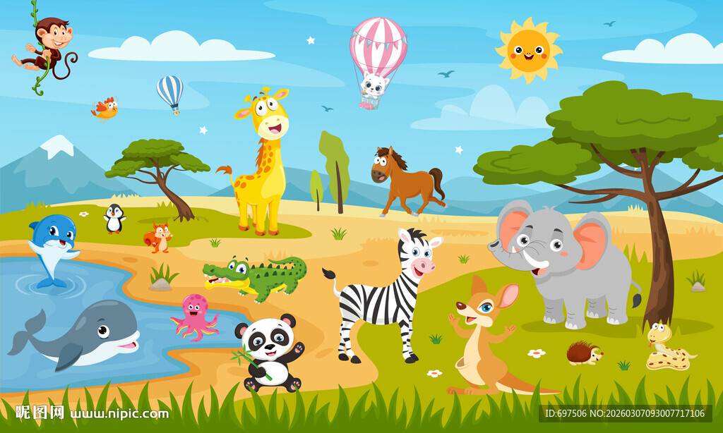 卡通森林可爱动物乐园儿童背景墙