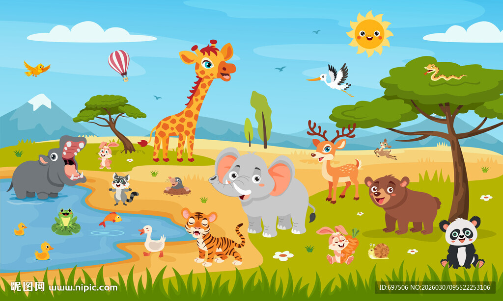 可爱动物世界卡通森林儿童背景墙