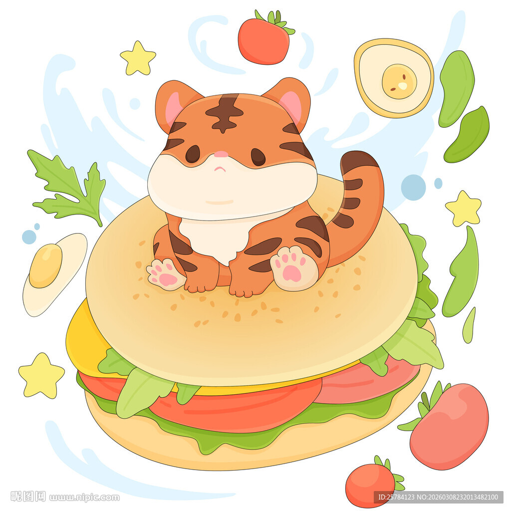 可爱老虎芝士番茄汉堡美食插画