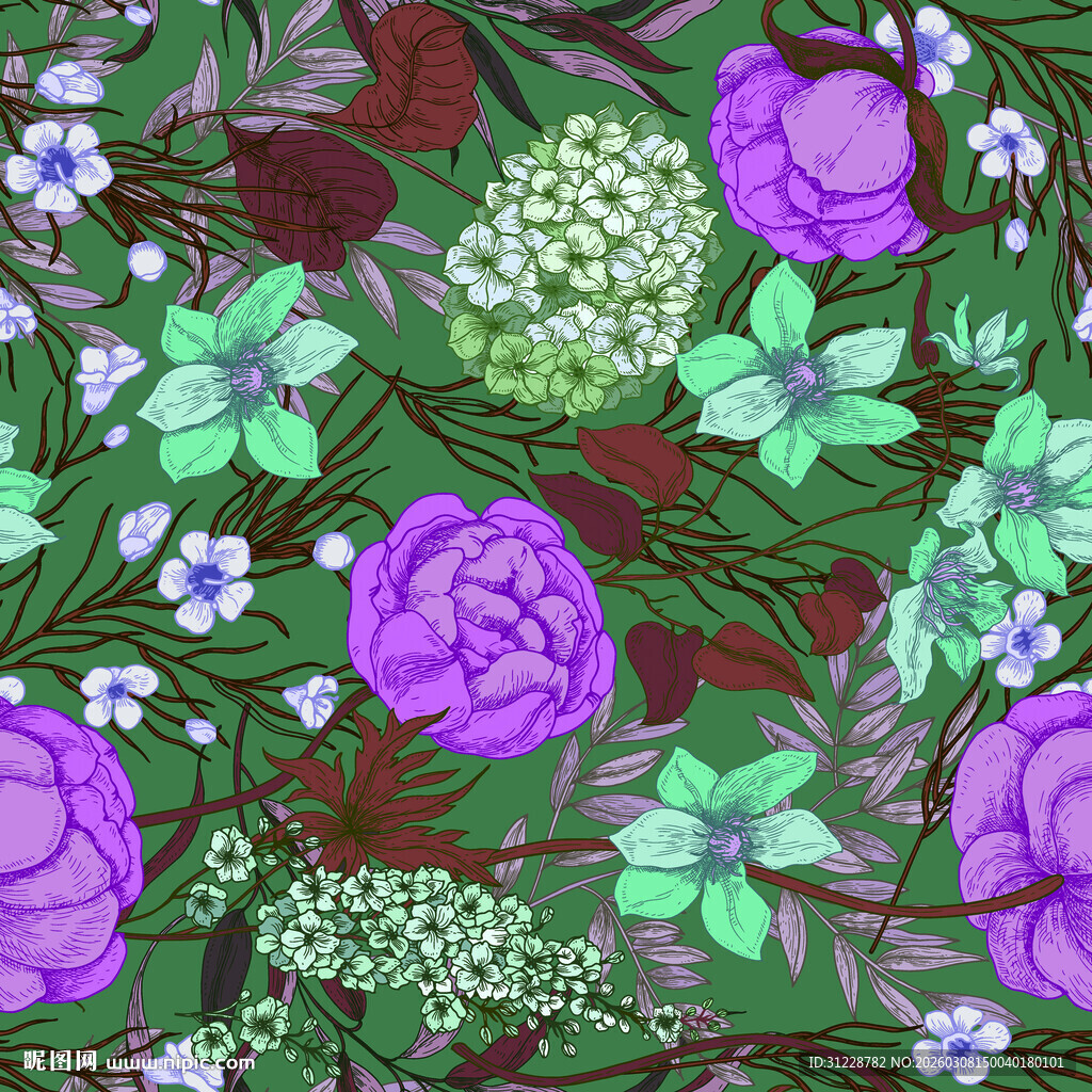 紫色花卉图案水彩画背景