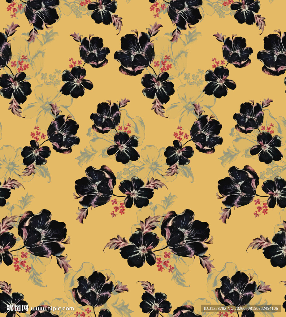 黄色底黑色花卉图案纹理