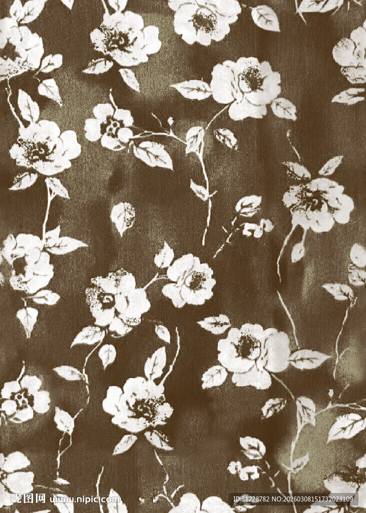 棕色底白花精致花卉图案