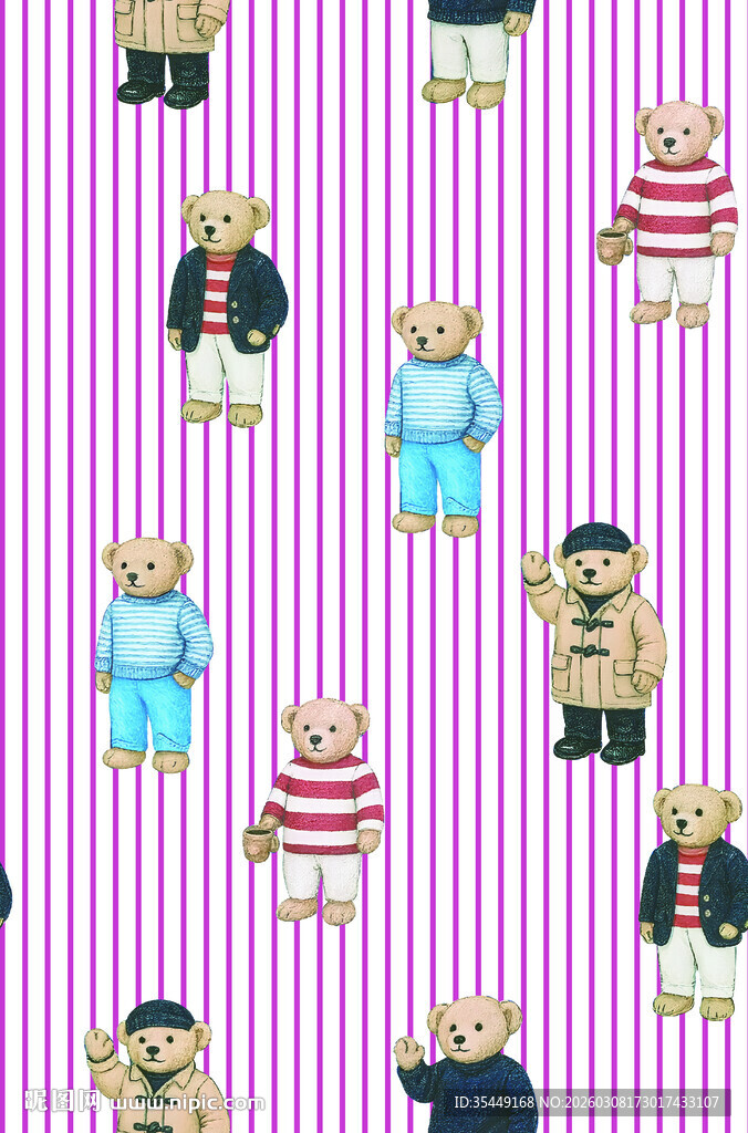 条纹背景上的可爱小熊图案