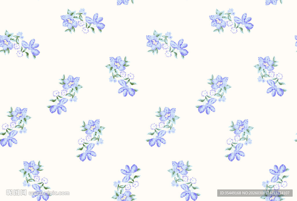 蓝花白色背景水彩图案