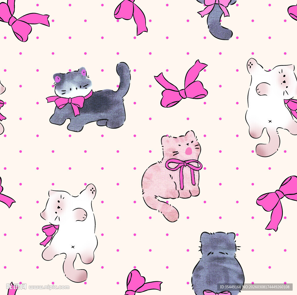 可爱猫咪与粉色蝴蝶结图案
