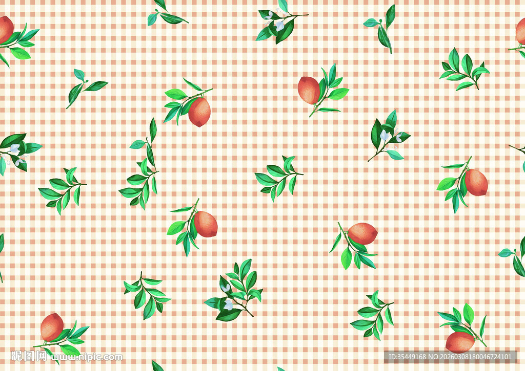 草莓绿叶格子图案背景