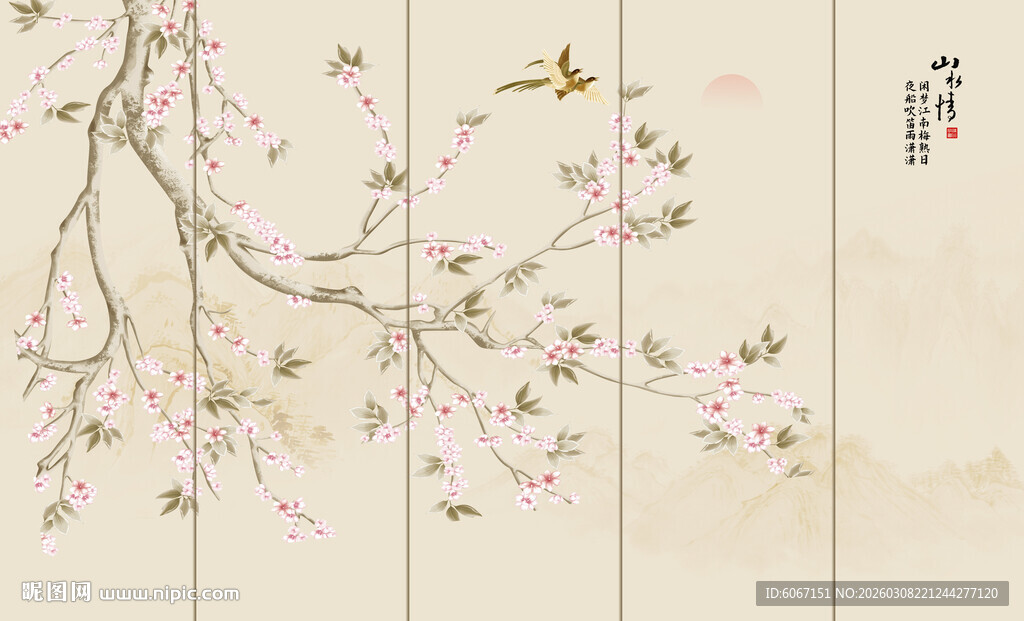 新中式工笔花鸟画背景墙