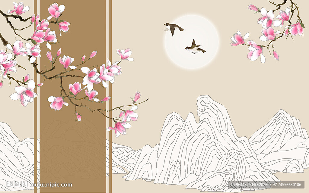 中式花鸟山水背景墙