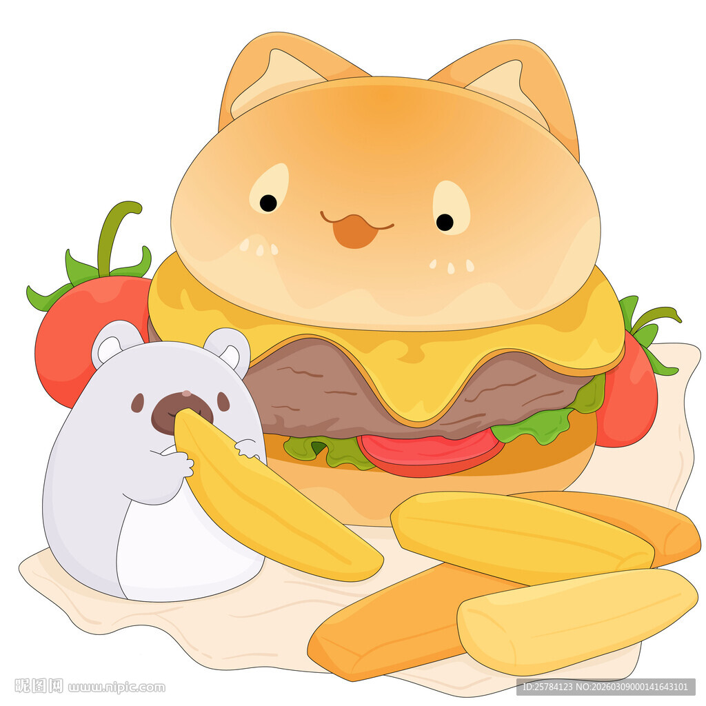 可爱小猫牛肉饼番茄汉堡快餐插画