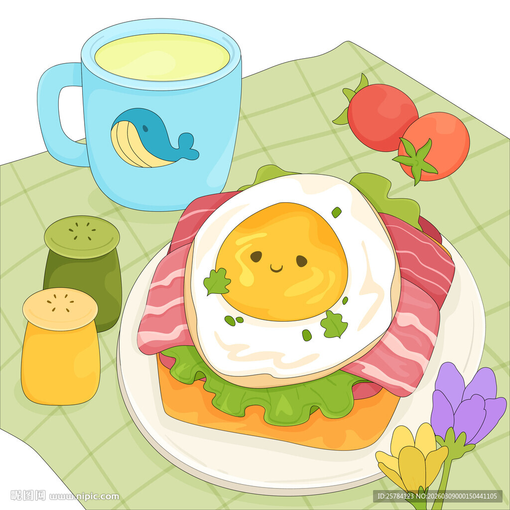 可爱早餐煎鸡蛋培根番茄美食插画