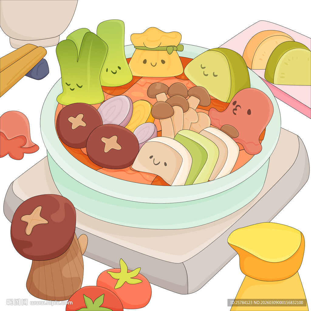 火锅关东煮蘑菇豆腐年糕美食插画