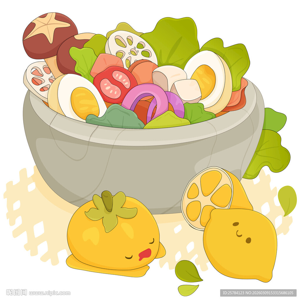 健康饮食蔬菜沙拉柠檬鸡蛋插画