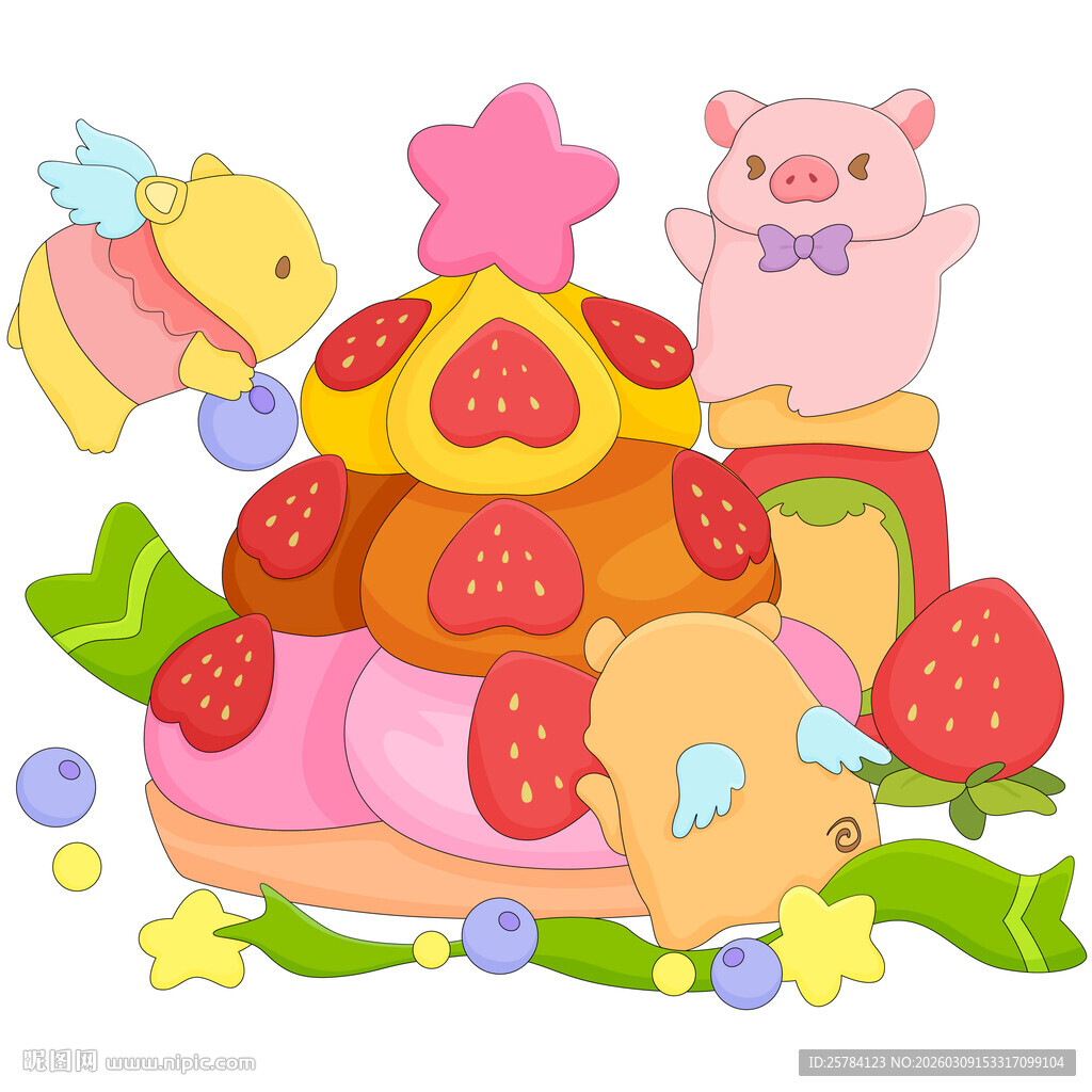 可爱蜜蜂小熊草莓巧克力蛋糕插画