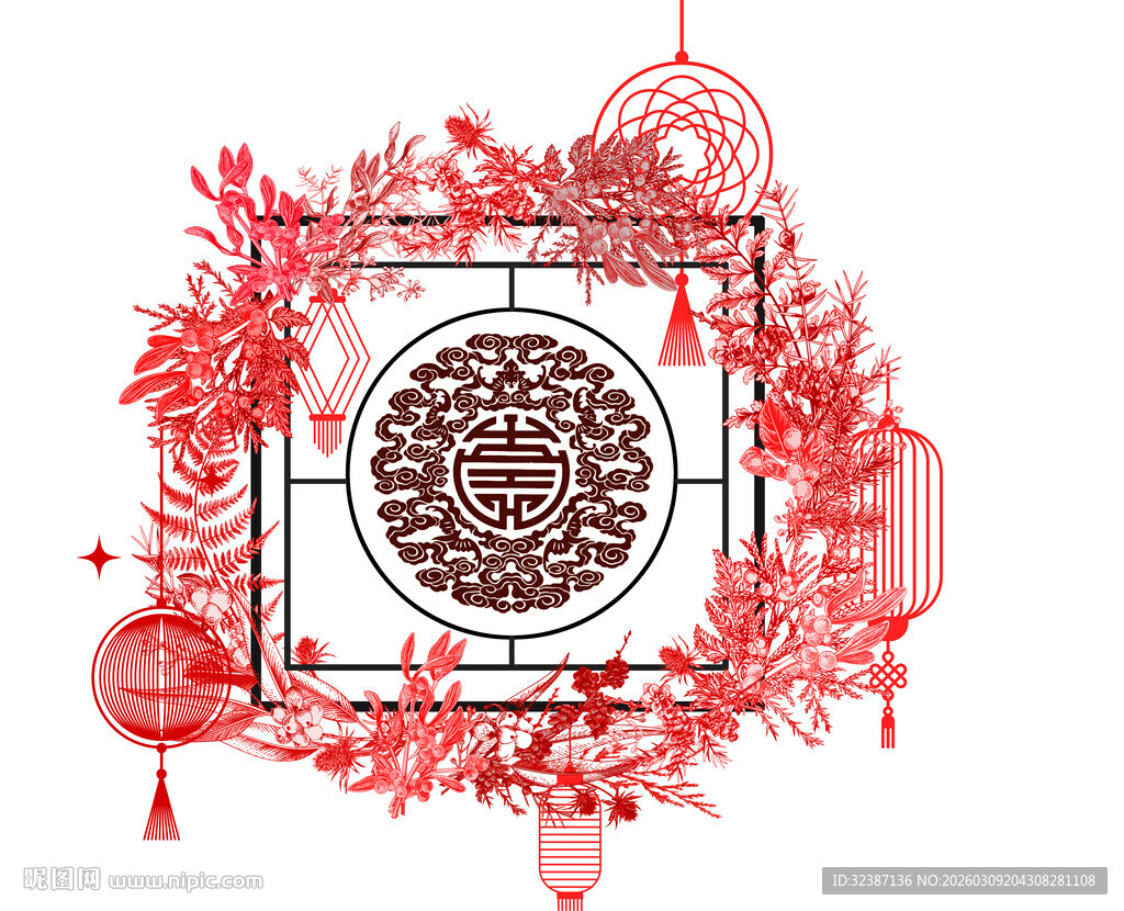 中式剪纸风装饰元素图案