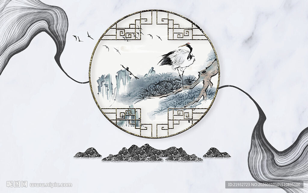 新中式松柏仙鹤背景墙