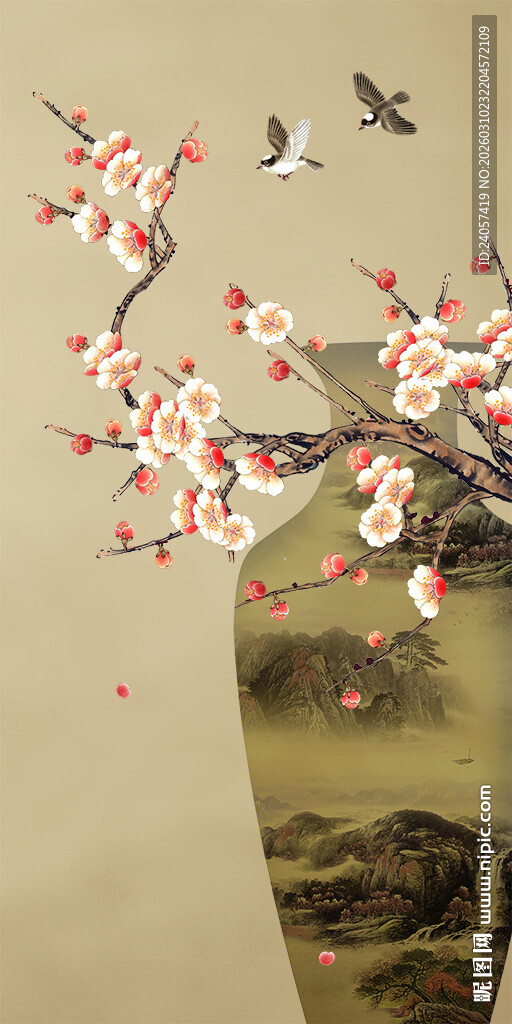 新中式梅花工笔花鸟花瓶国画山水