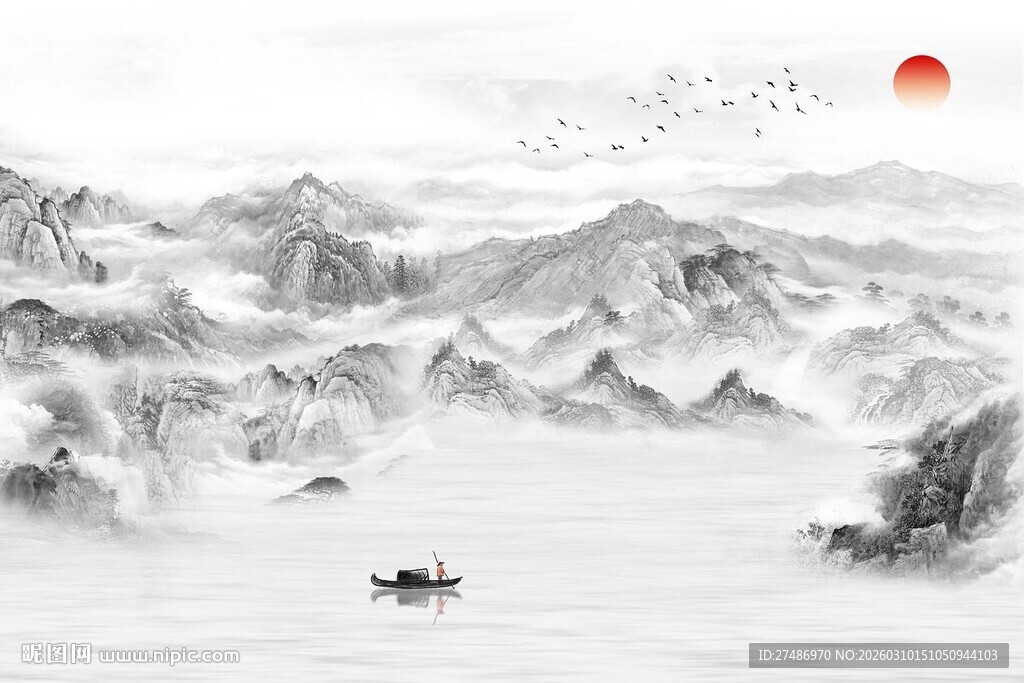 新中式古典水墨意境黑白山水画风