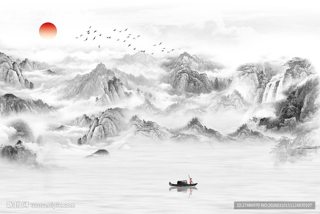 新中式黑白古典水墨画山水风景画