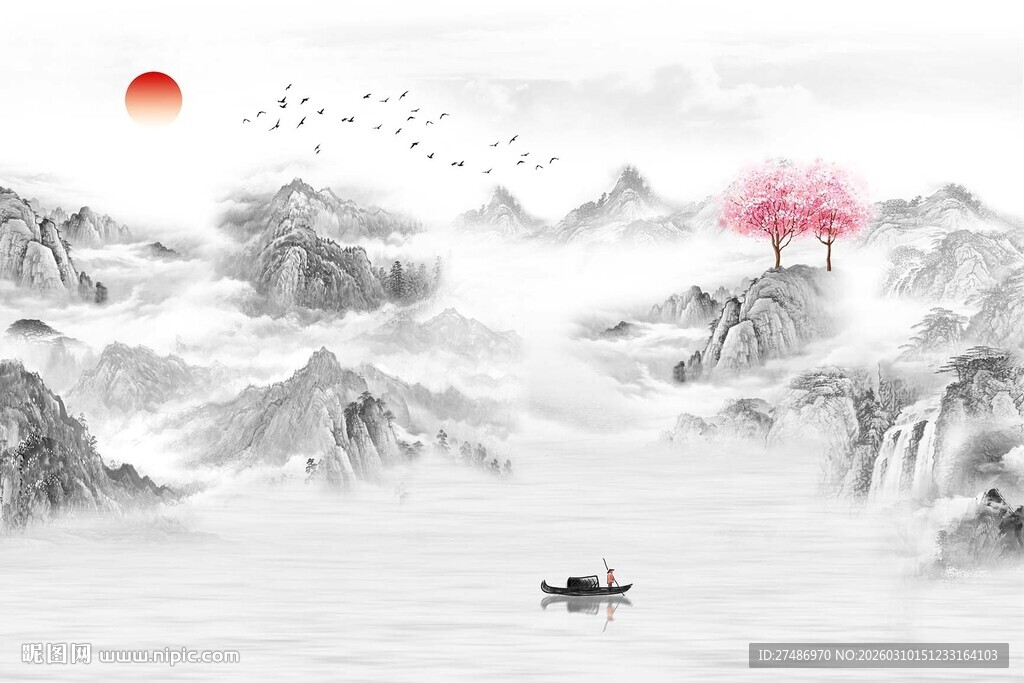 新中式黑白金山古典国画水墨画风