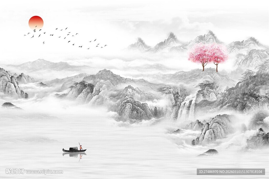 新款新中式复古国潮黑白风景水墨