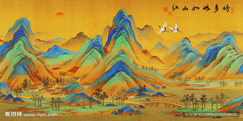 中国风千里江山背景壁画