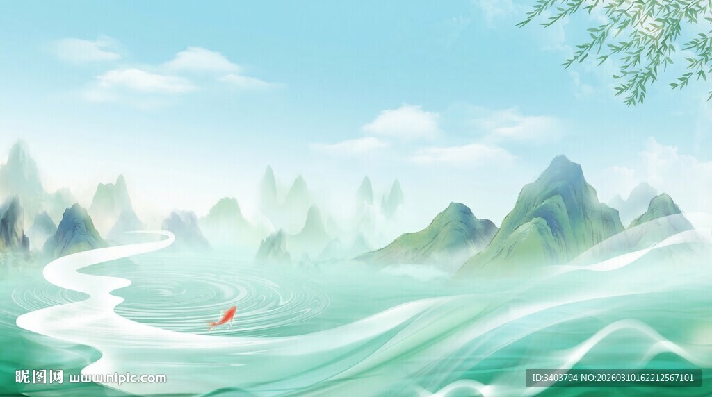 水墨山水间的悠然泛舟景