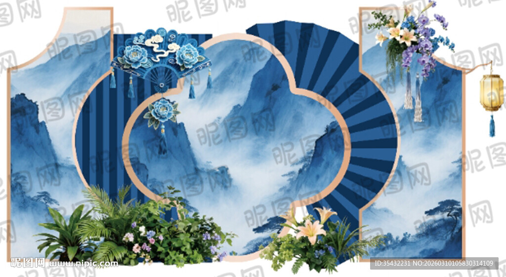 国风中式蓝色美陈场景布置可放大