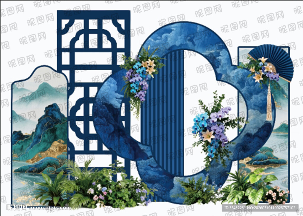 国风中式蓝色美陈场景布置可放大
