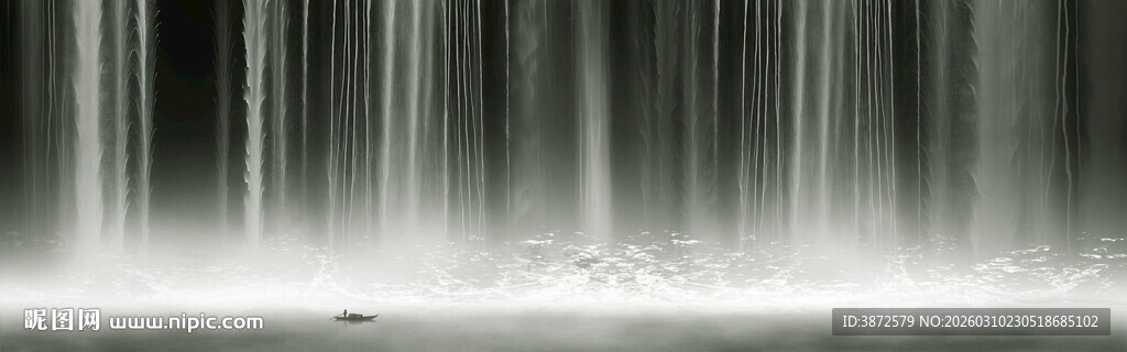 招财瀑布山水画