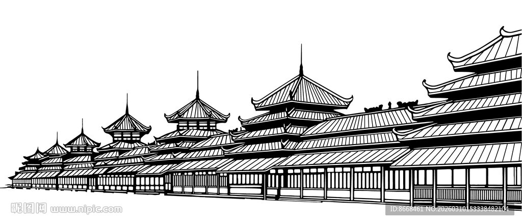 中式古建筑群轮廓 风雨桥