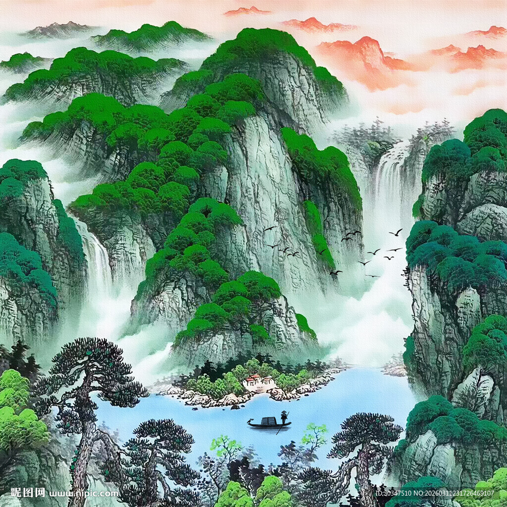 客厅茶室山水画背景墙