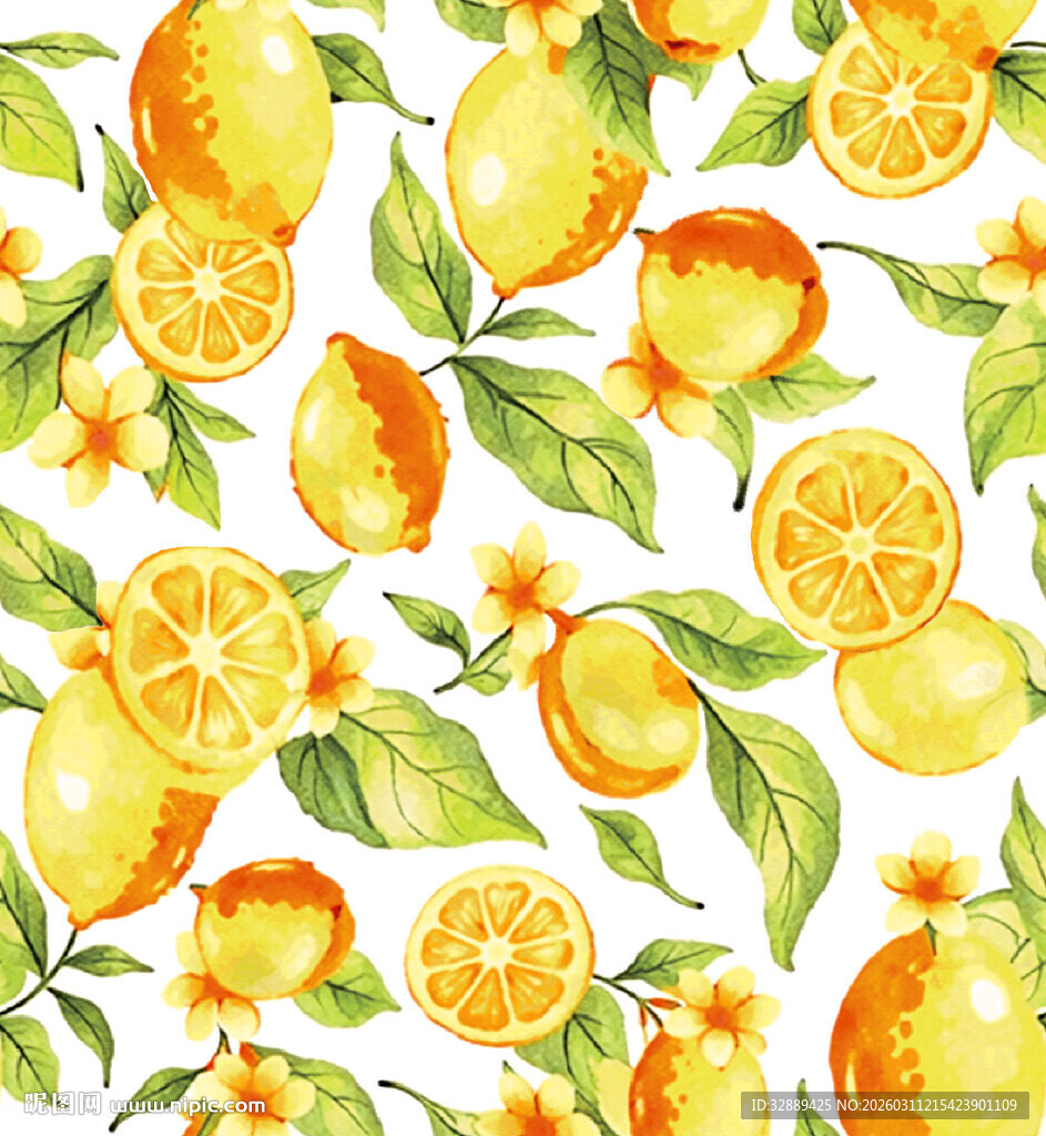 水彩绘柠檬与绿叶画面