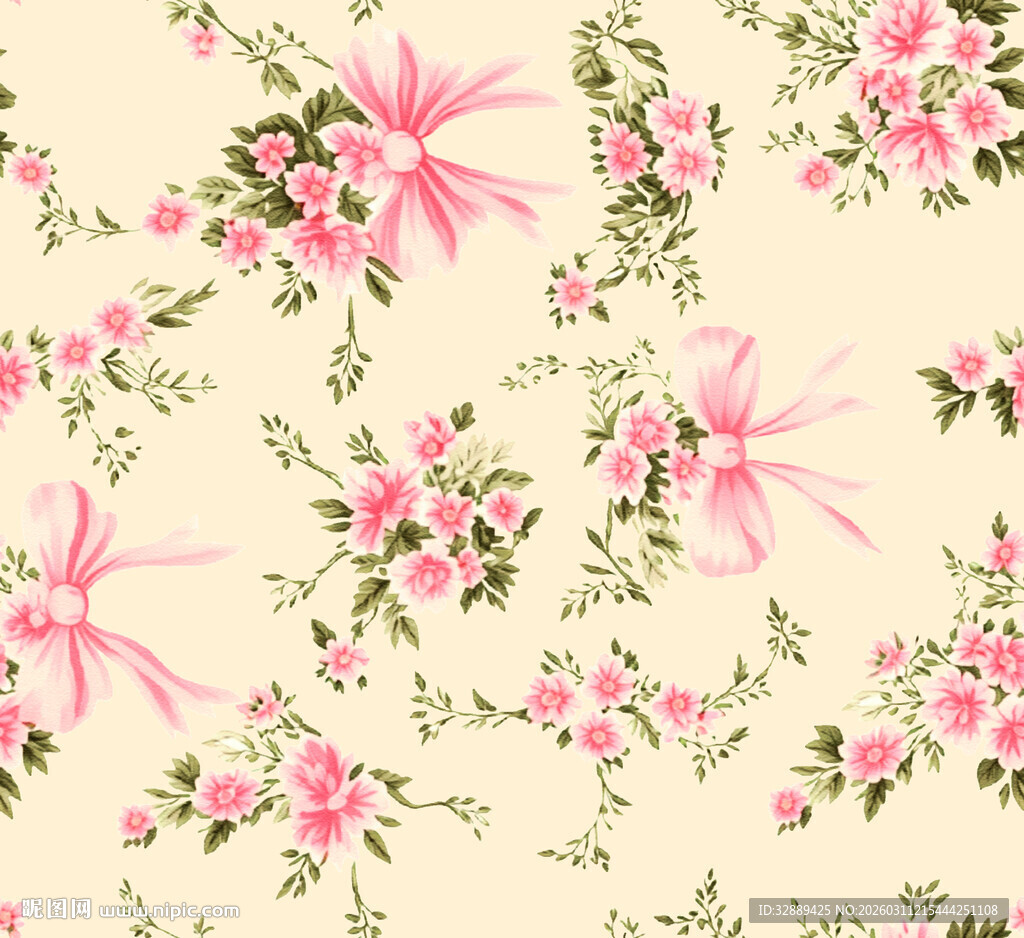 粉色花卉蝴蝶结图案布料