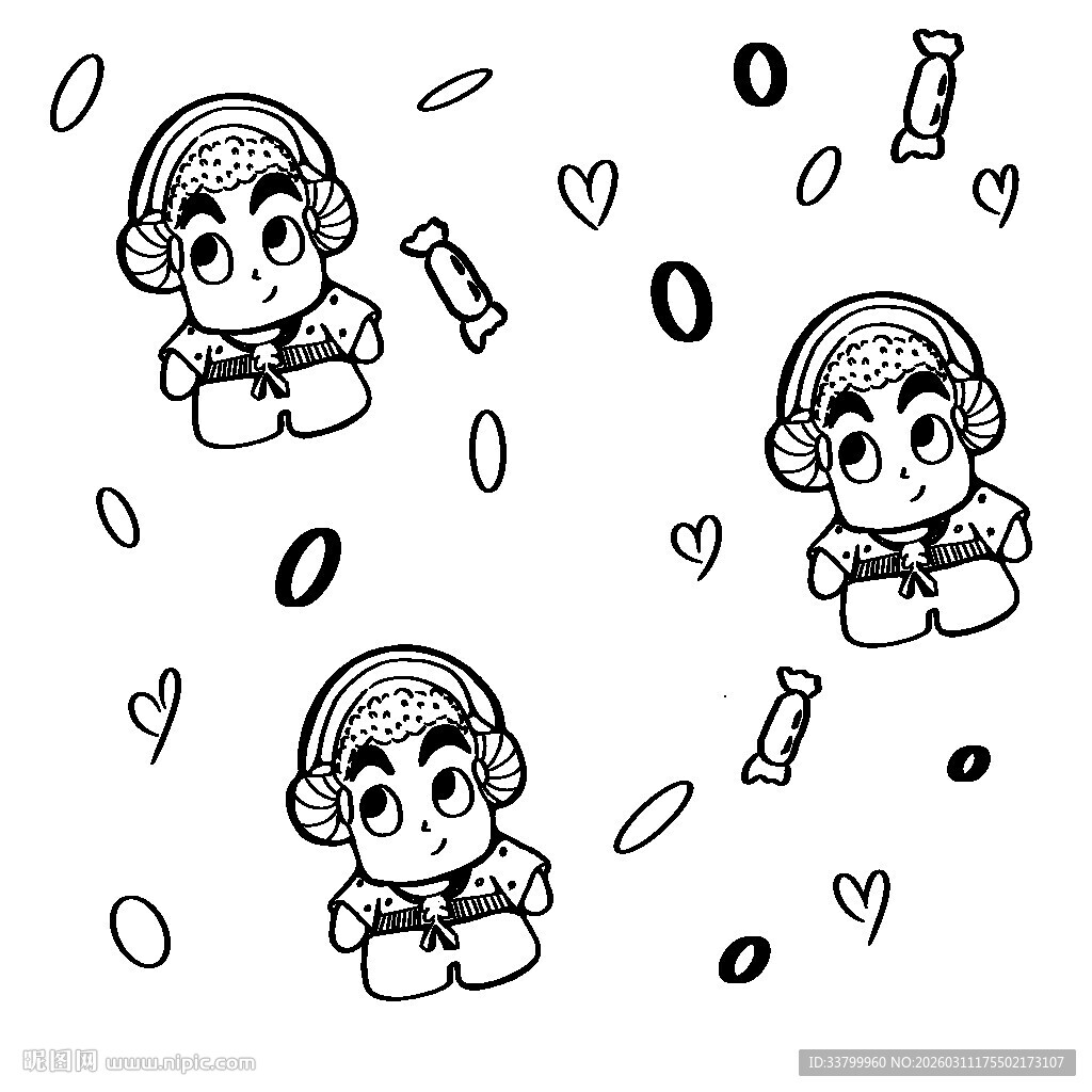 卡通女孩与装饰元素图案