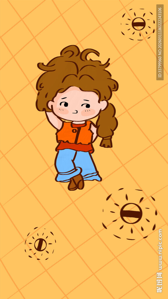 扎辫女孩在黄色背景玩耍